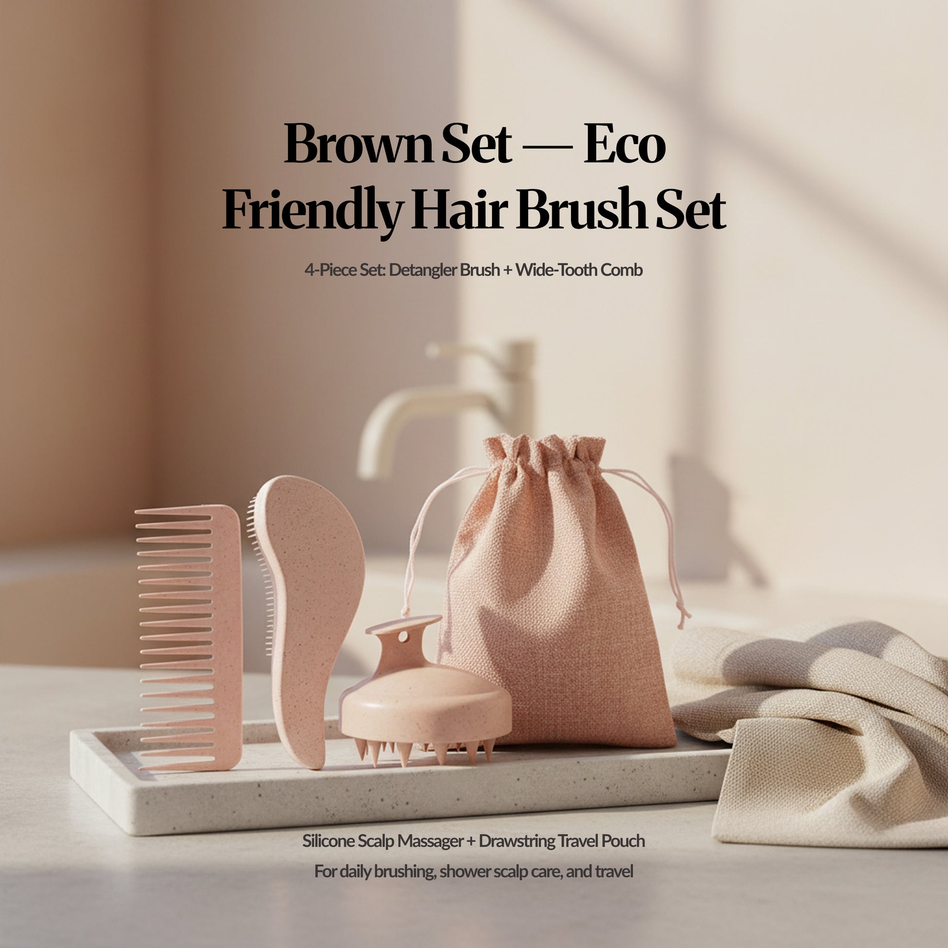 Brown eco-friendly hair brush set on a tray with a brown drawstring pouch, styled for bathroom use.