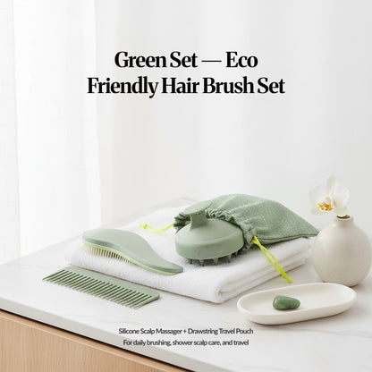 Green eco-friendly hair brush set on folded towels with a matching green pouch, styled in a bright bathroom setting.