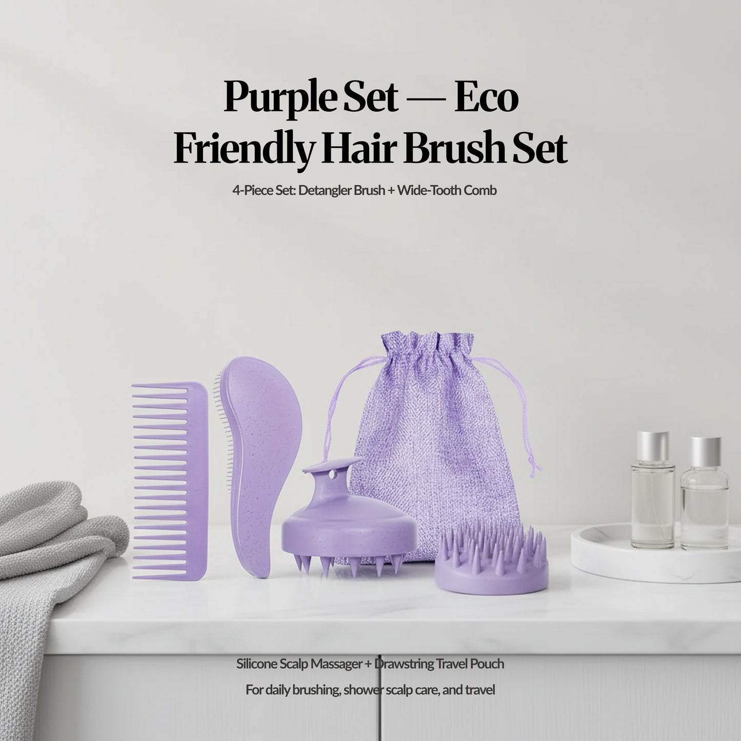 Purple eco-friendly hair brush set on a bathroom counter with matching purple pouch and accessories.