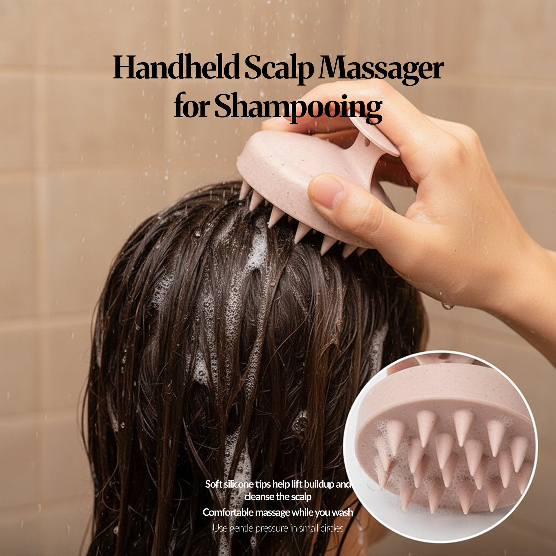 Hand holding a silicone scalp massager on wet hair in the shower, with a close-up inset of the soft silicone tips.