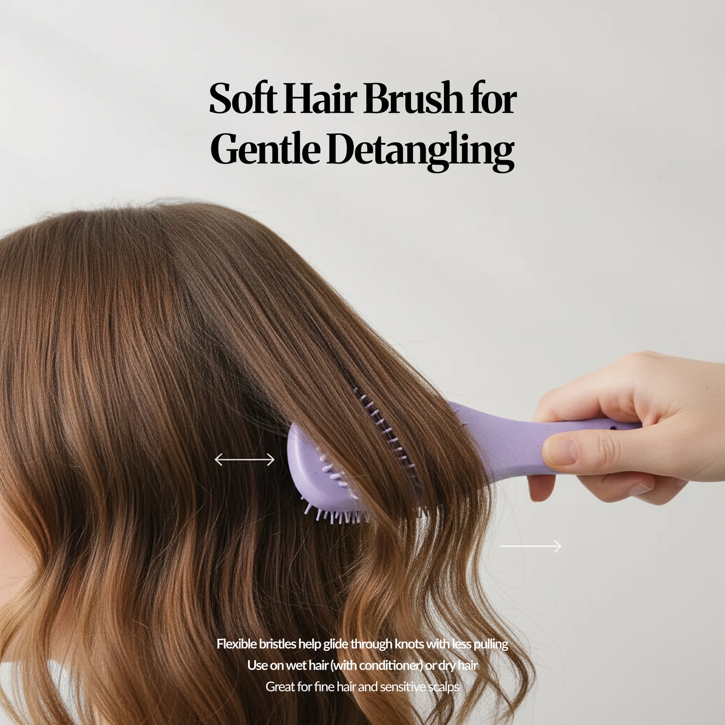 Detangling brush gliding through long hair, highlighting gentle brushing with flexible bristles.
