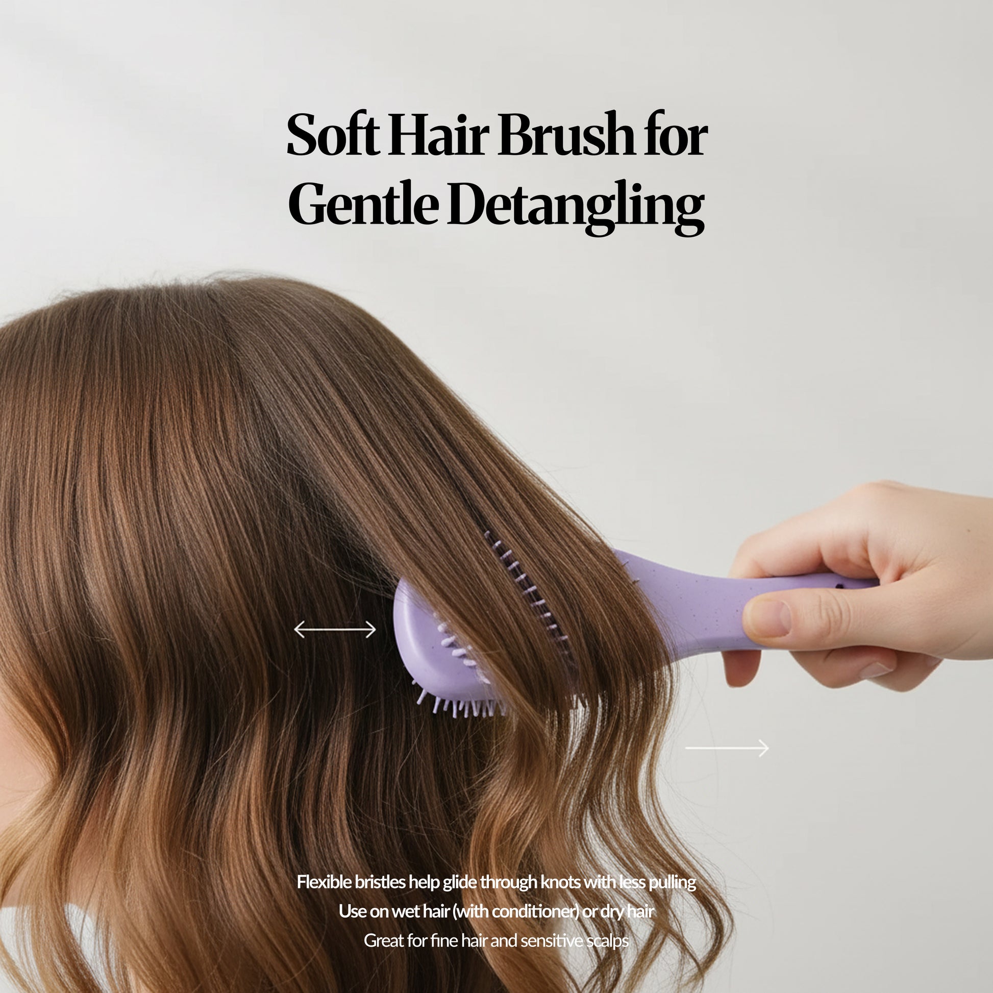 Detangling brush gliding through long hair, highlighting gentle brushing with flexible bristles.
