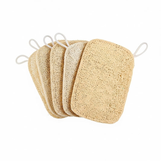 5 pack loofah sponge pads on white background