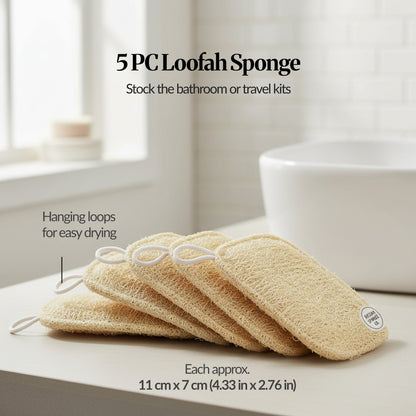 Five-piece set of natural loofah sponges stacked by a sink, showing hanging loops and approximate size (about 11 cm x 7 cm), labelled “5PC Loofah Sponge.”
