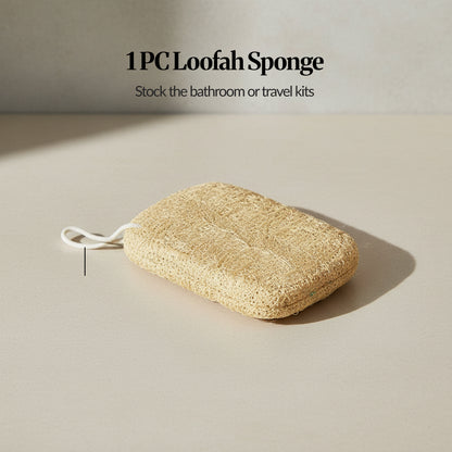 Single-piece natural loofah sponge with hanging loop on a neutral surface, labelled “1PC Loofah Sponge” for bathroom or travel kits.