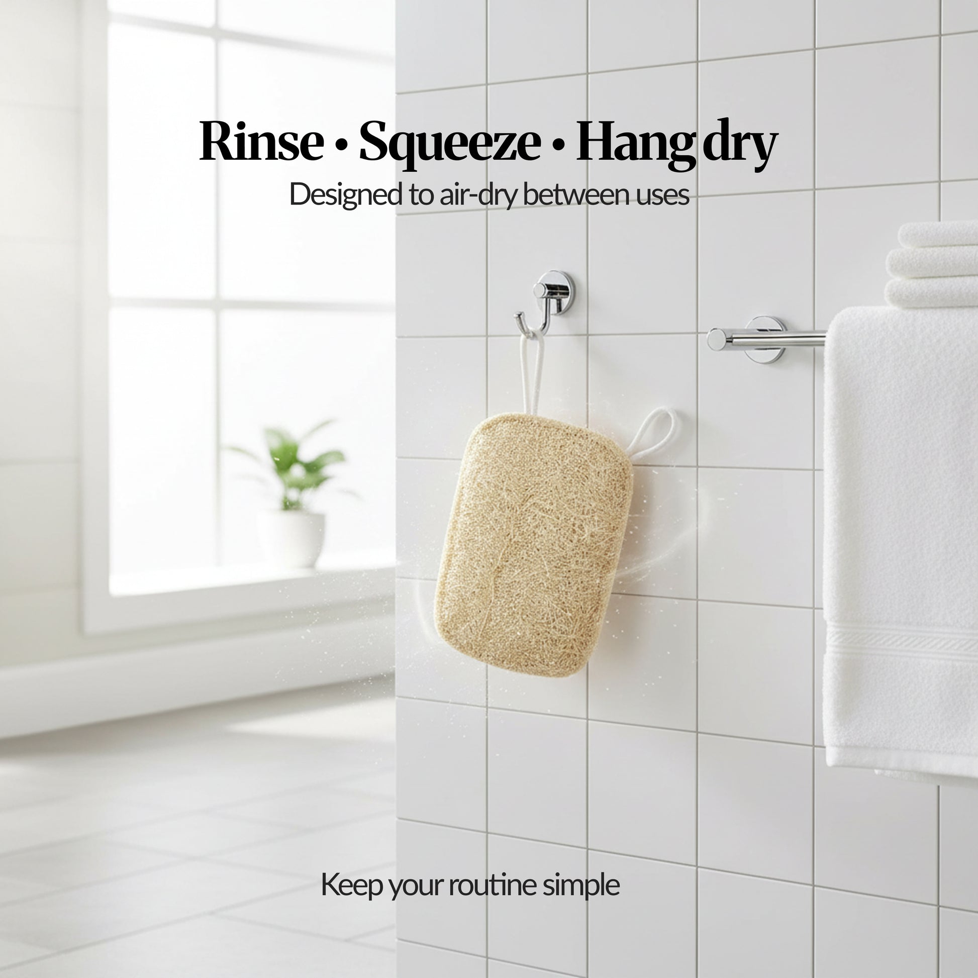 Loofah sponge hanging from a bathroom hook on white tiled wall, showing “Rinse • Squeeze • Hang dry” air-dry routine between uses.