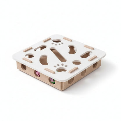 Product on white background (Camel White Square): Camel wood base with white square puzzle top and paw-print cut-outs; coloured balls inside.