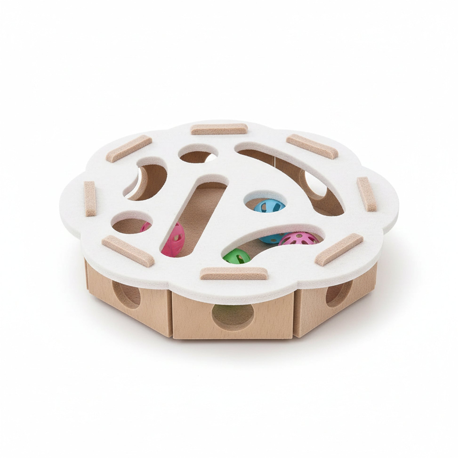 Product on white background (Camel White Round/Floral): Camel wood base with white floral puzzle top; coloured balls visible inside the track.