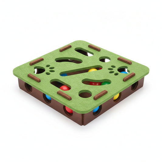 Amazon hero V1: Interactive cat ball track toy shown for scale and shape; puzzle-top openings with rolling balls inside.