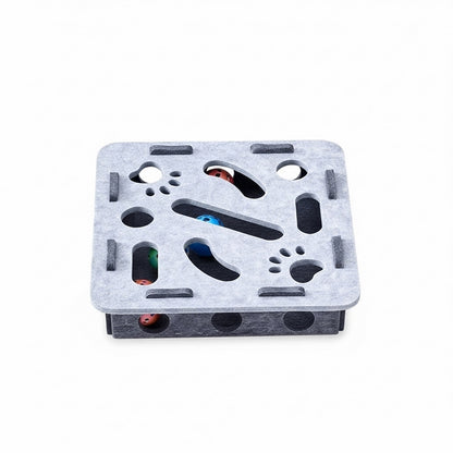 Product on white background (Gray Square): Gray square puzzle-top cat ball track toy with coloured balls visible through side windows.