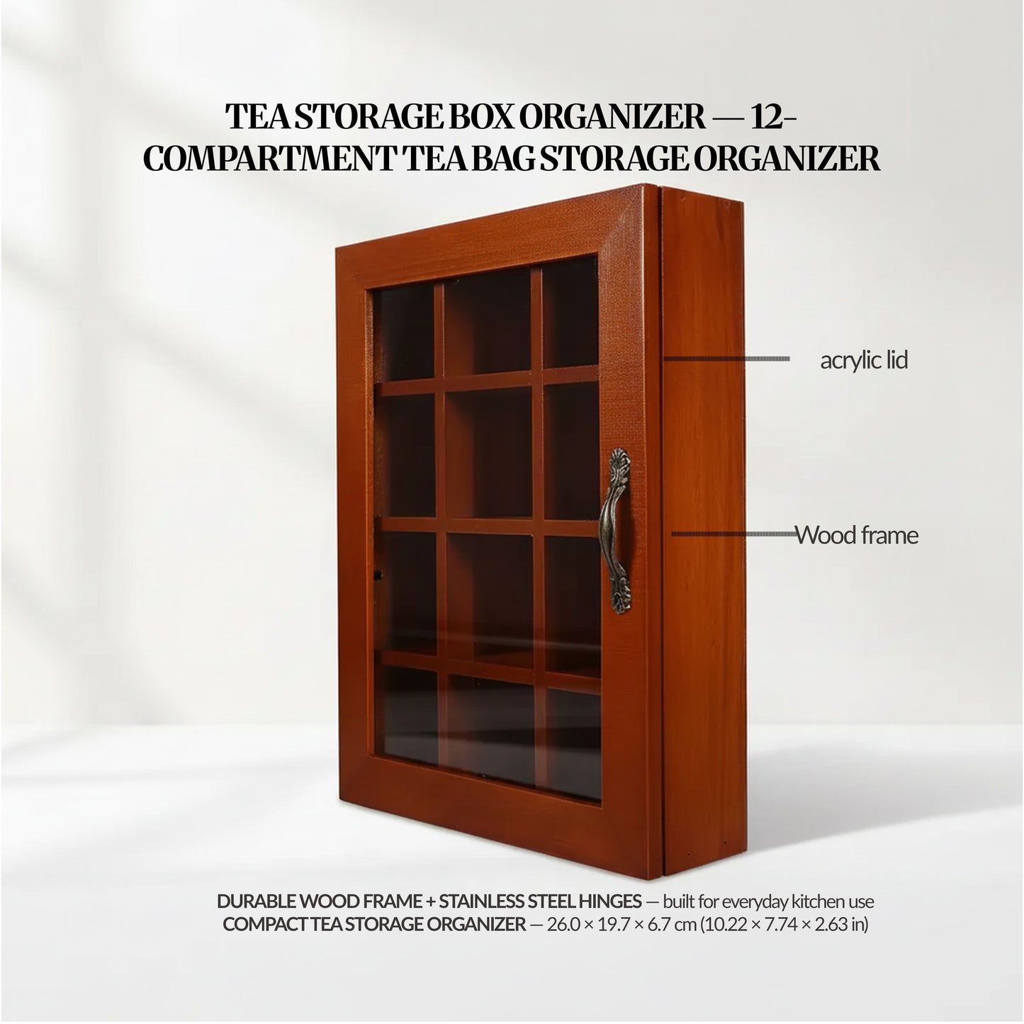 Tea bag organiser displayed on a countertop as a tidy tea station, with a cup and tea canisters in the background.