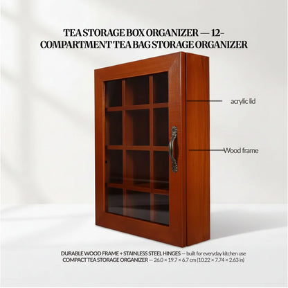 Tea bag organiser displayed on a countertop as a tidy tea station, with a cup and tea canisters in the background.