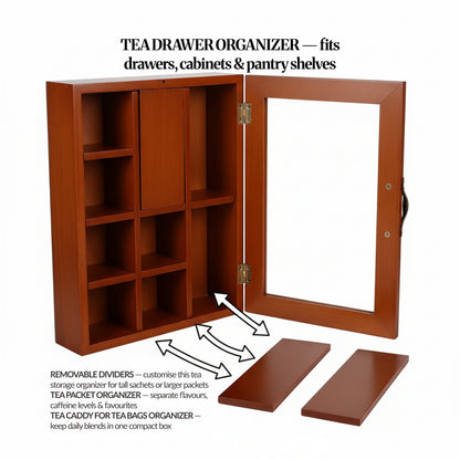 Open tea drawer organiser with removable divider panels shown beside the box, illustrating adjustable compartment layout.