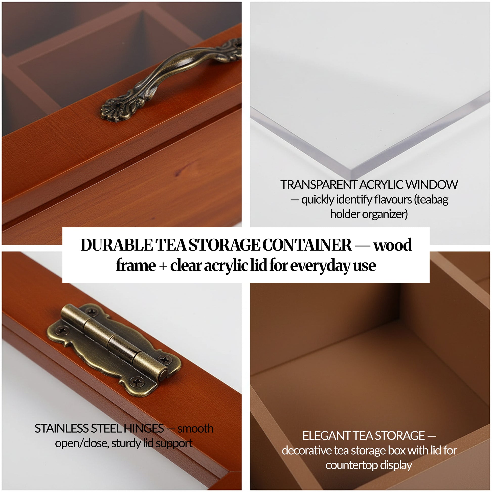 Close-up collage of the tea box hardware—metal handle, stainless-steel hinge, clear acrylic window edge, and wood compartment interior.