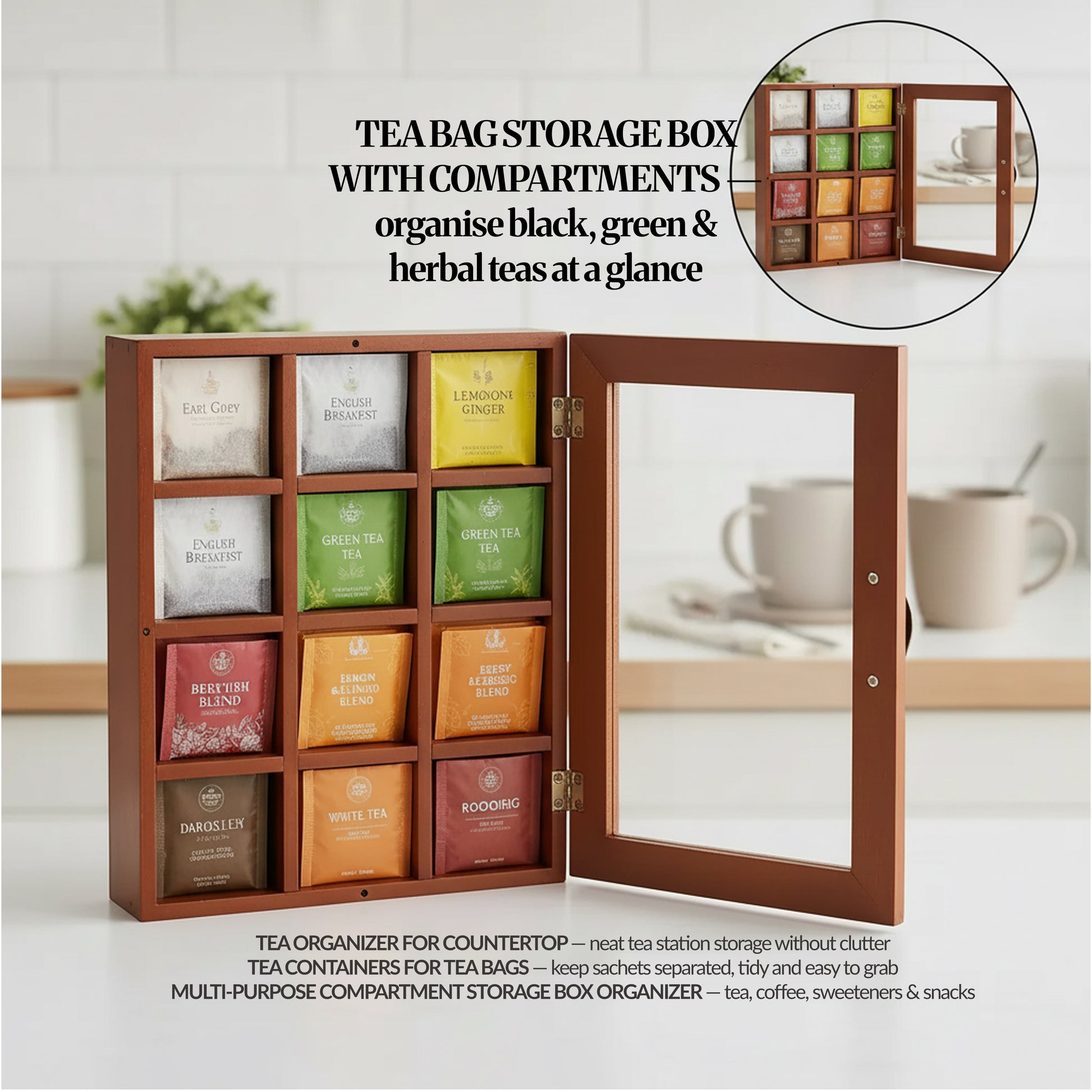 Open tea bag storage box with 12 compartments showing assorted tea sachets, clear acrylic door swung open on kitchen counter.