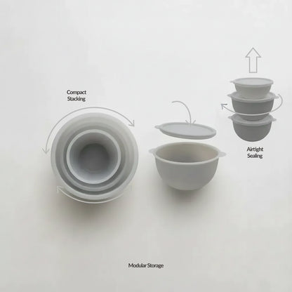 Compact stacking + airtight sealing — Diagram-style image showing silicone bowls nesting for compact storage, with lids illustrated to show airtight sealing and modular stacking.