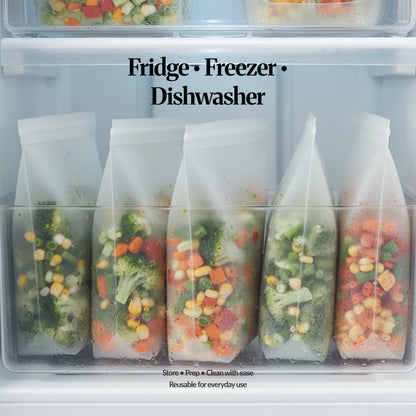 Fridge • Freezer • Dishwasher — Reusable silicone freezer bags standing upright in a freezer drawer, filled with mixed vegetables to show meal prep and storage for everyday use.