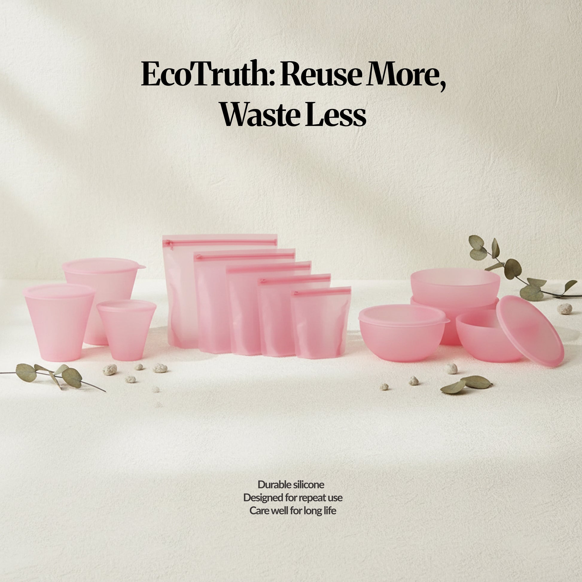 EcoTruth: Reuse More, Waste Less — Pink silicone food storage set laid out on a neutral surface, showing reusable silicone bags, bowls with lids, and cups as a lower-waste alternative to single-use items.