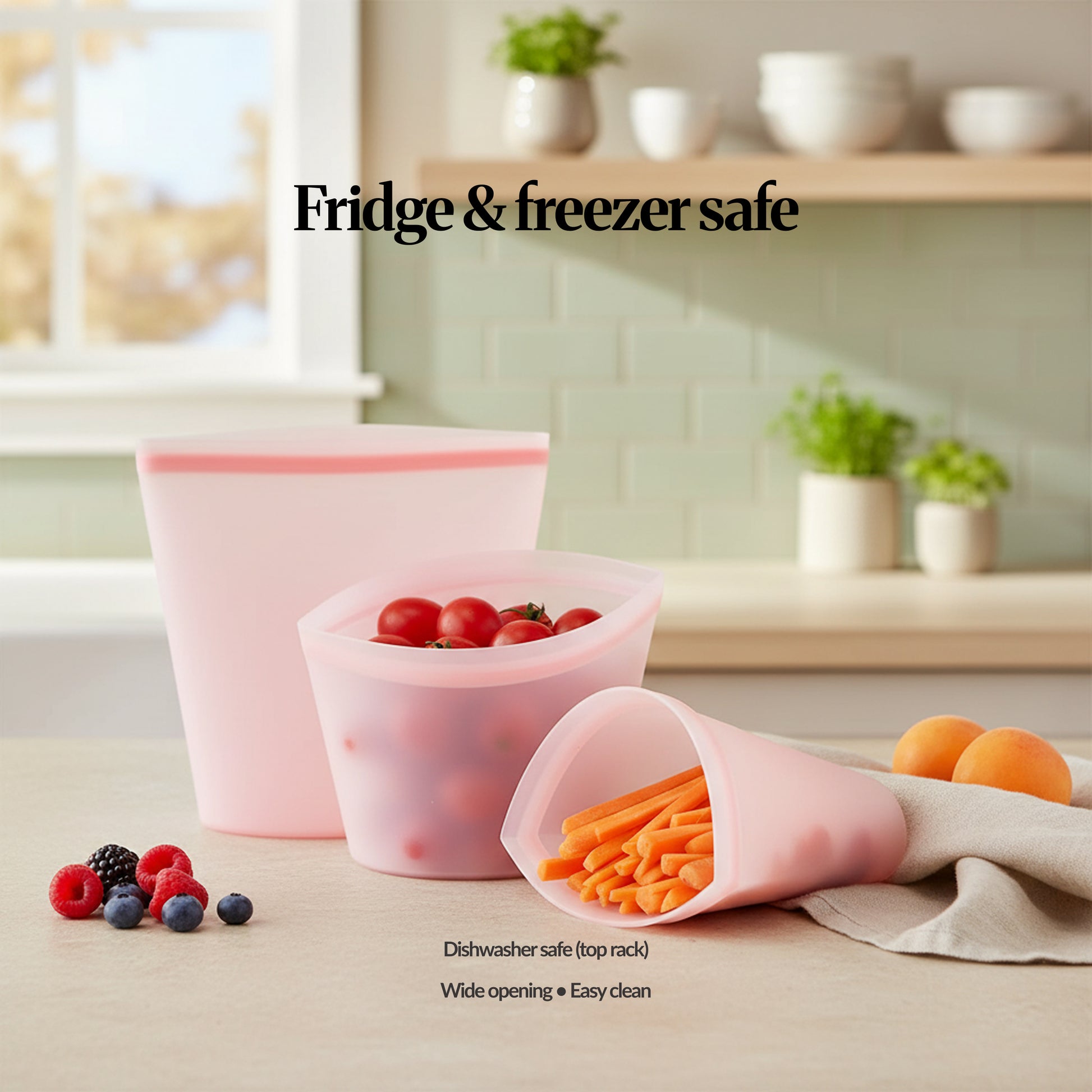 Complete set — pink — Full pink reusable silicone set on a white background, showing cups, bags, and bowls grouped together for repeat-use food storage.