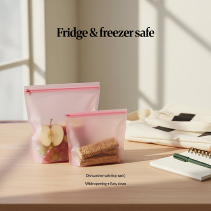Fridge & freezer safe (bags) — lifestyle — Two pink reusable silicone bags on a table (one with fruit, one with snacks), showing wide opening and easy cleaning for daily food storage.