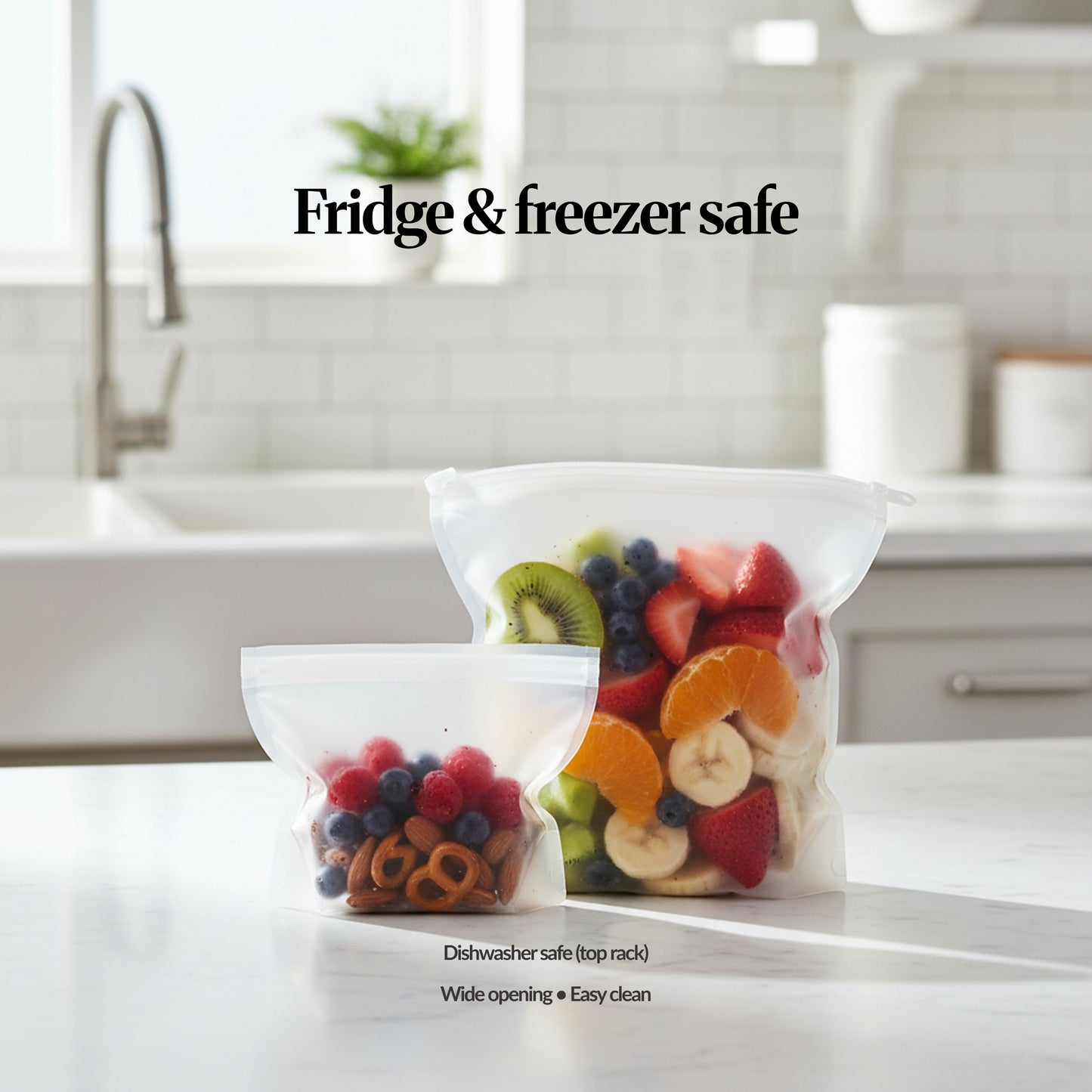 Complete set — grey/transparent — Full frosted/grey reusable silicone set on a white background, showing cups, bags, and bowls arranged together for modular food storage.