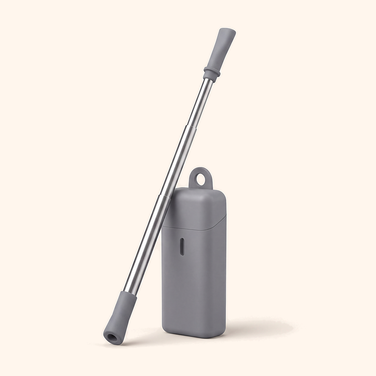 Extended steel straw with a grey tip leaning on its closed grey case