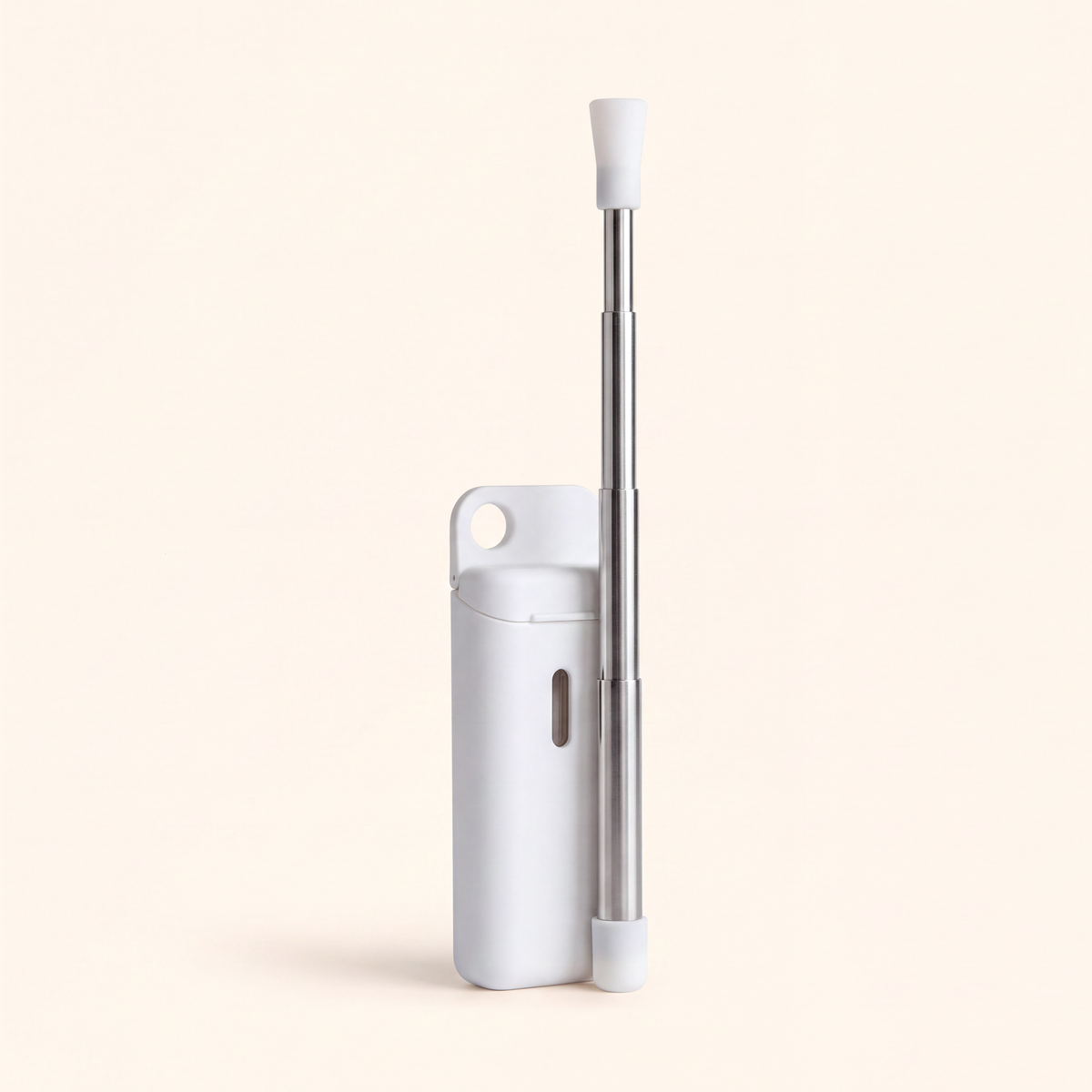 White case with the extended stainless steel straw and white tip standing beside it