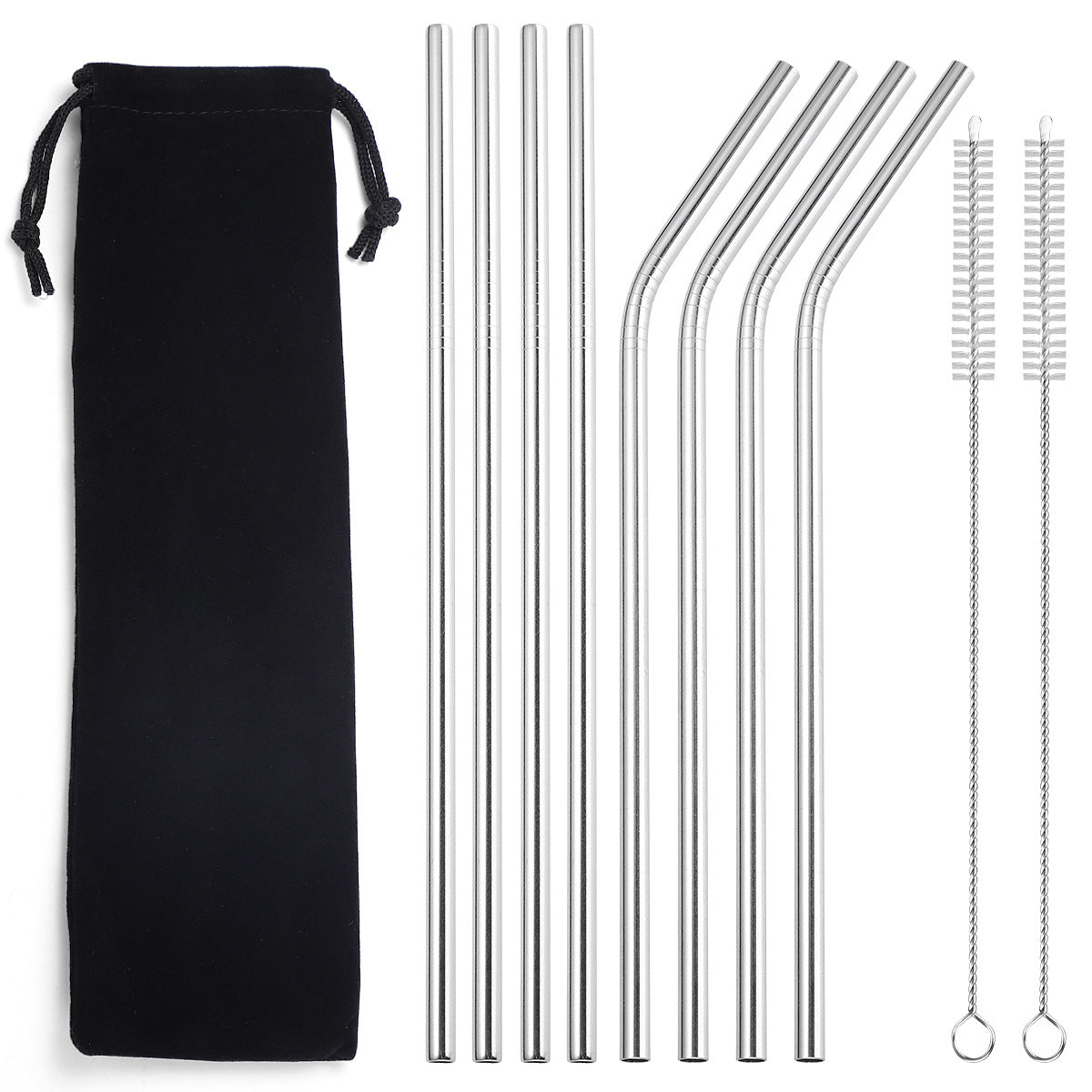 Full silver stainless steel straw set on a white background, including a black drawstring pouch, four straight straws, four bent straws, and two straw-cleaning brushes.