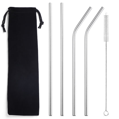 Silver stainless steel straw kit on a white background with a black drawstring pouch, two straight straws, two bent straws, and one cleaning brush.