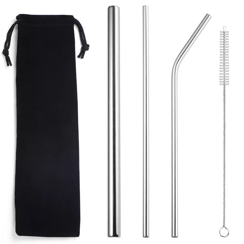 Compact silver stainless steel straw set on a white background with a black drawstring pouch, three straws (including one thicker straight straw and two standard straws), plus one cleaning brush.