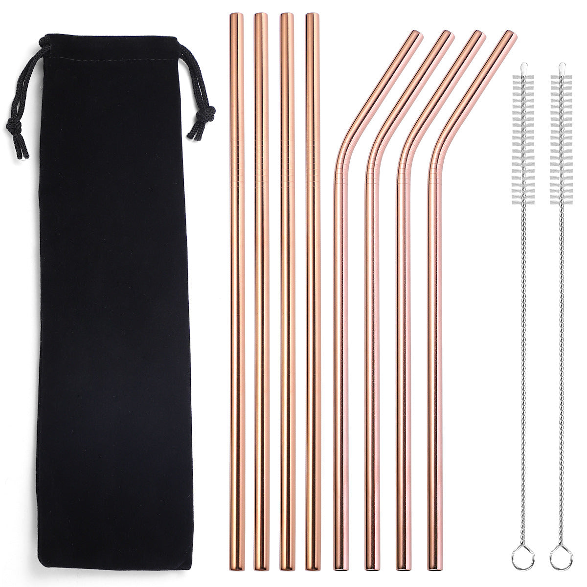 Rose-gold stainless steel straw set on a white background with a black drawstring pouch, four straight straws, four bent straws, and two cleaning brushes.