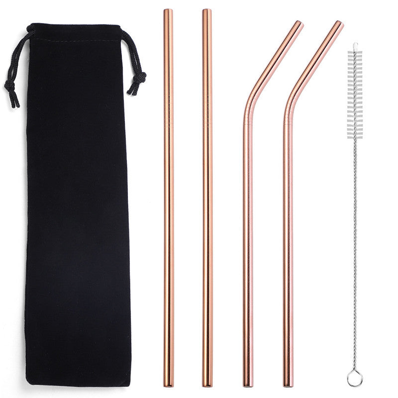 Rose-gold stainless steel straw kit on a white background with a black drawstring pouch, two straight straws, two bent straws, and one cleaning brush.