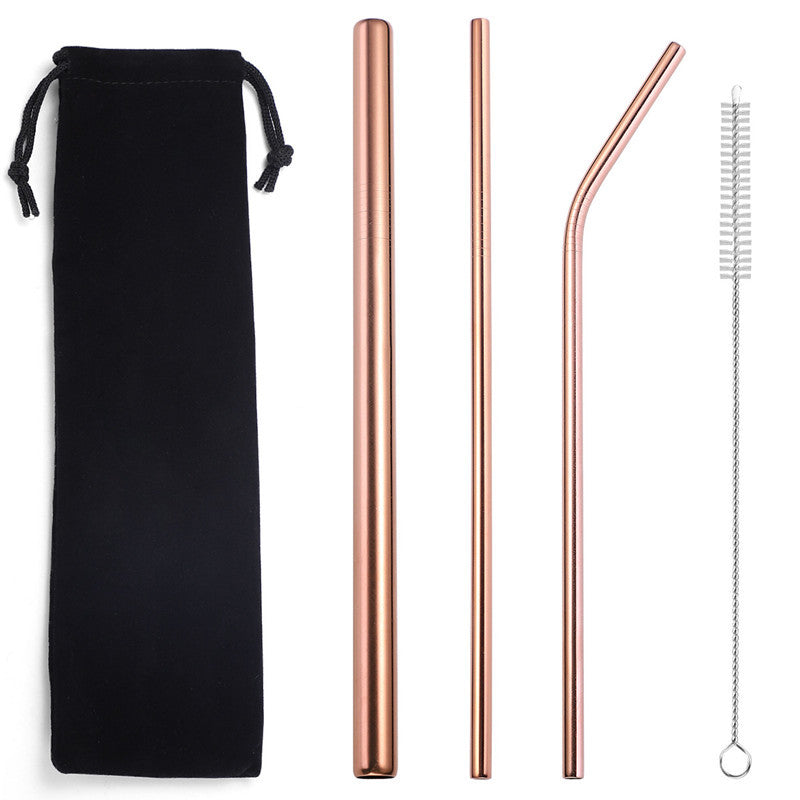 Compact rose-gold stainless steel straw set on a white background with a black drawstring pouch, three straws (including one thicker straight straw), plus one cleaning brush.