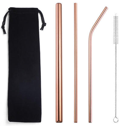 Compact rose-gold stainless steel straw set on a white background with a black drawstring pouch, three straws (including one thicker straight straw), plus one cleaning brush.