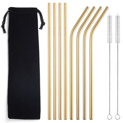 Gold stainless steel straw set on a white background with a black drawstring pouch, four straight straws, four bent straws, and two cleaning brushes.