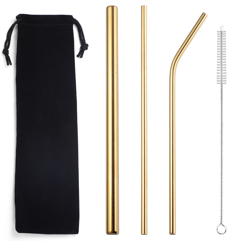 Compact gold stainless steel straw set on a white background with a black drawstring pouch, three straws (including one thicker straight straw), plus one cleaning brush.