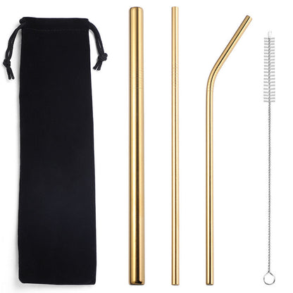 Compact gold stainless steel straw set on a white background with a black drawstring pouch, three straws (including one thicker straight straw), plus one cleaning brush.
