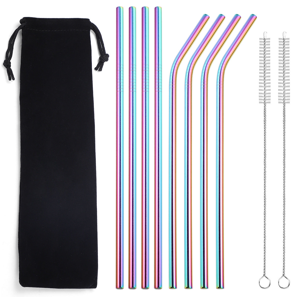 Rainbow-finish stainless steel straw set on a white background with a black drawstring pouch, four straight straws, four bent straws, and two cleaning brushes.