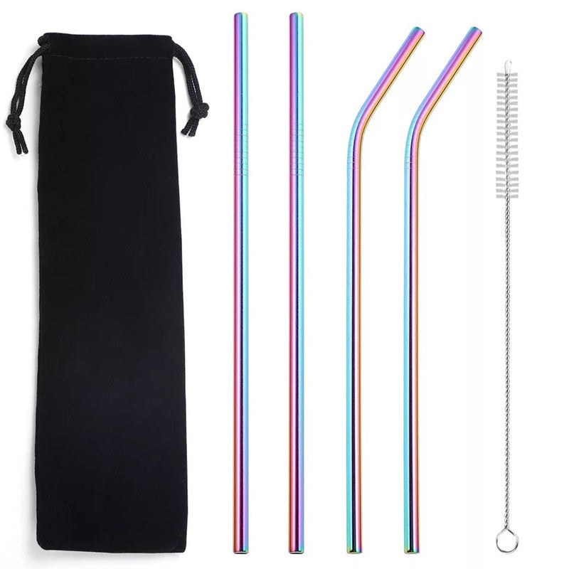 Rainbow-finish stainless steel straw kit on a white background with a black drawstring pouch, two straight straws, two bent straws, and one cleaning brush.