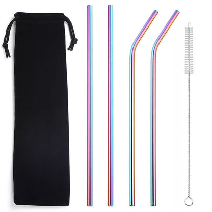 Rainbow-finish stainless steel straw kit on a white background with a black drawstring pouch, two straight straws, two bent straws, and one cleaning brush.