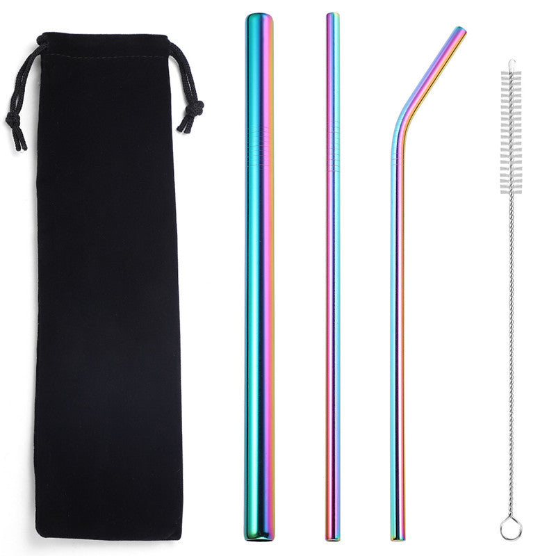 Compact rainbow-finish stainless steel straw set on a white background with a black drawstring pouch, three straws (including one thicker straight straw), plus one cleaning brush.