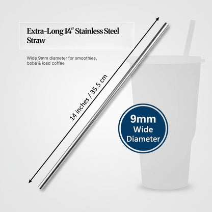 Diagram showing an extra-long 14-inch (35.5 cm) stainless steel straw with a 9mm wide diameter, illustrated next to a tall cup for scale.