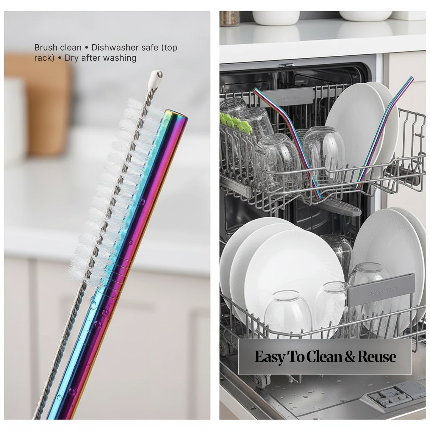 Cleaning brush beside a rainbow stainless steel straw, alongside a dishwasher rack showing stainless steel straws being cleaned (top-rack dishwasher safe).