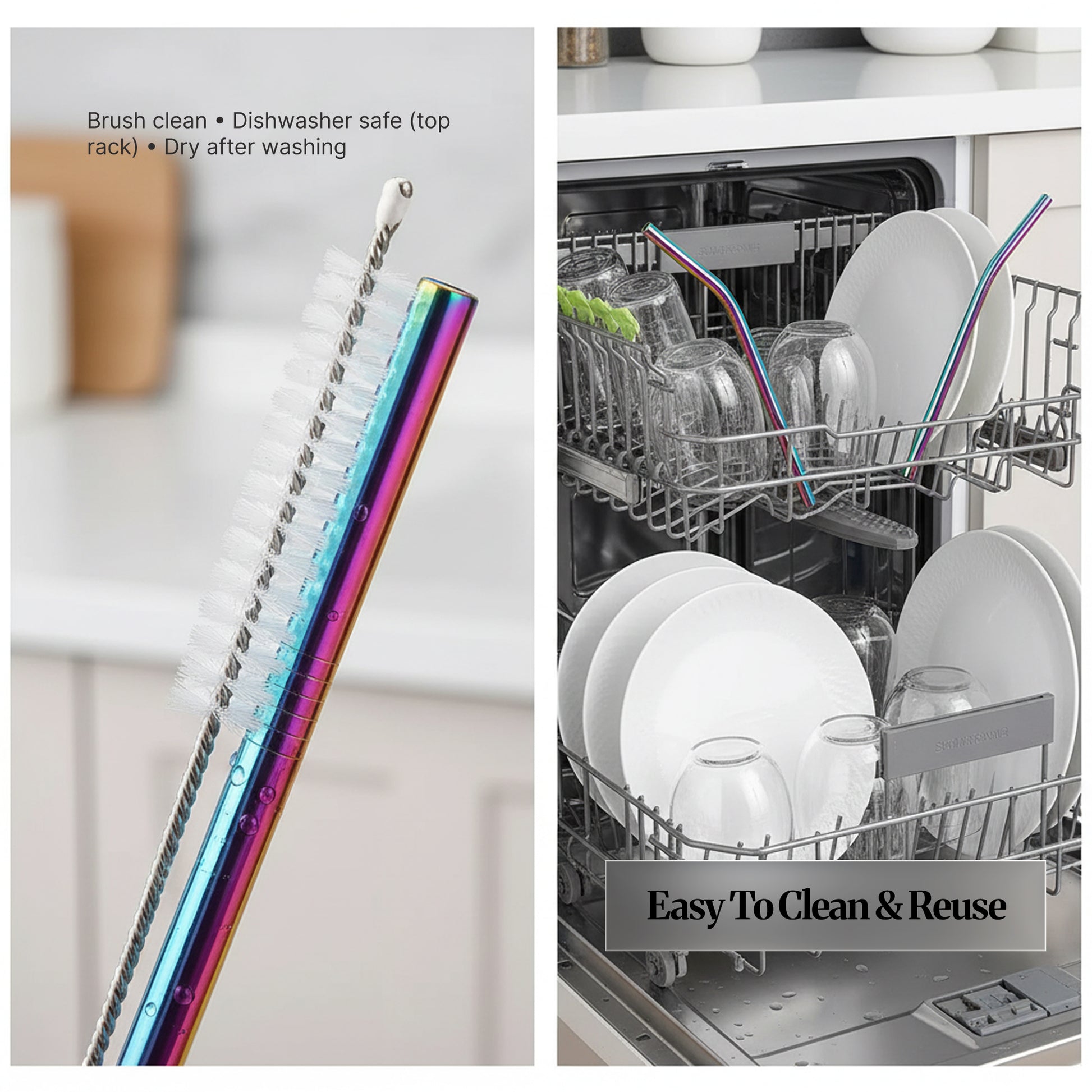 Cleaning brush beside a rainbow stainless steel straw, alongside a dishwasher rack showing stainless steel straws being cleaned (top-rack dishwasher safe).