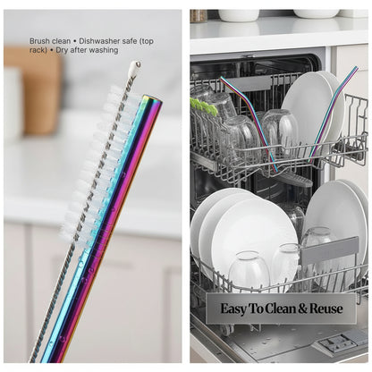 Cleaning brush beside a rainbow stainless steel straw, alongside a dishwasher rack showing stainless steel straws being cleaned (top-rack dishwasher safe).
