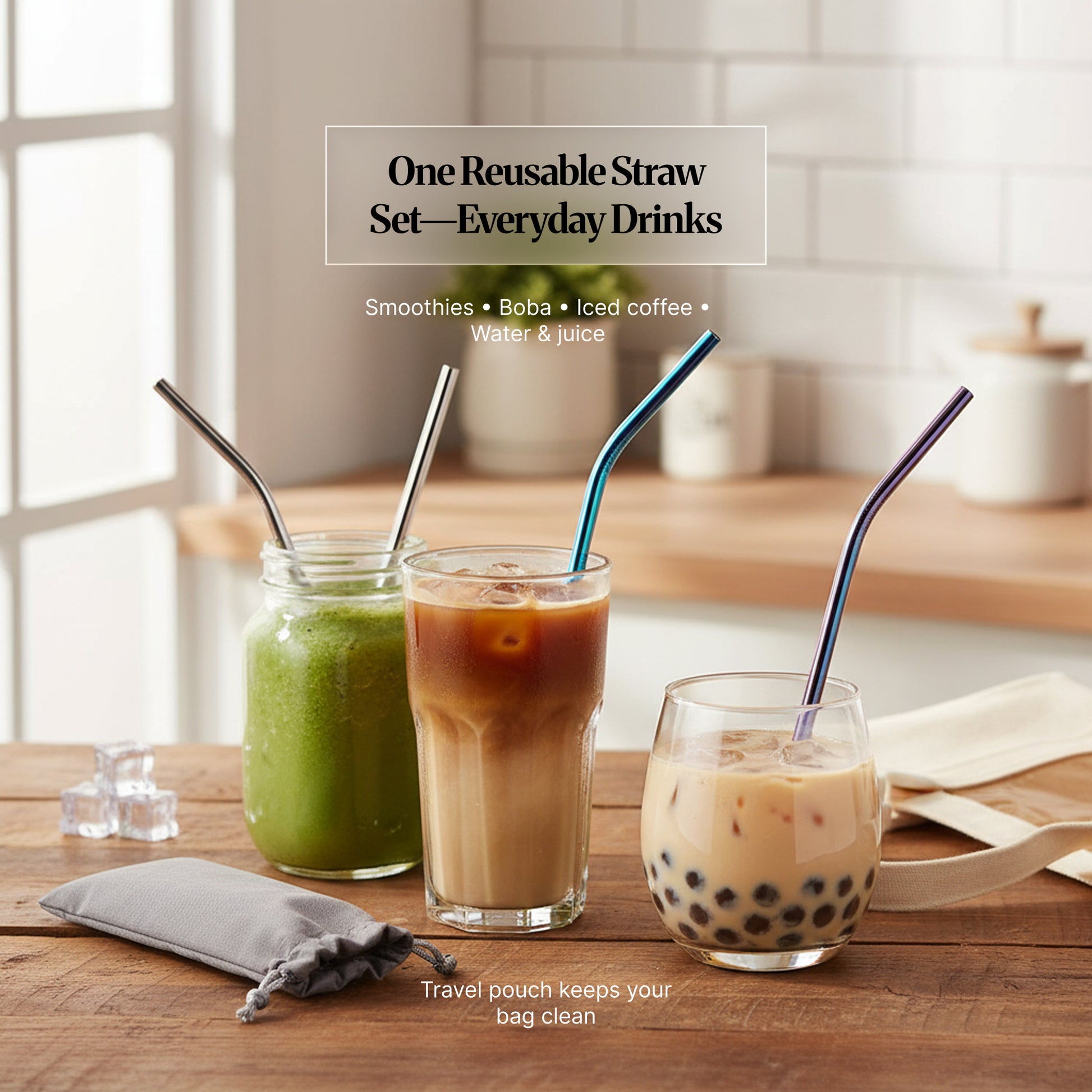 Reusable stainless steel straws in drinks on a kitchen table (smoothie, iced coffee and bubble tea), showing everyday use and the included travel pouch.