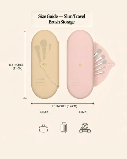 Size guide showing khaki and pink silicone makeup brush holders with dimensions (8.2 in / 21 cm tall and 2.1 in / 5.4 cm wide), suited for travel and vanity storage.