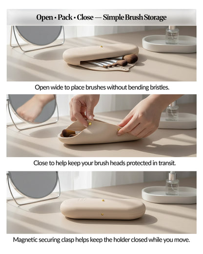 How-to panel showing the silicone brush holder opening wide to place brushes, closing to protect brush heads in transit, and staying shut with a magnetic