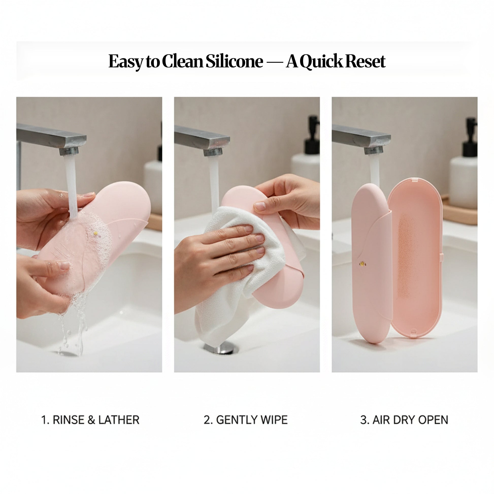Three-step cleaning visuals for a pink silicone makeup brush holder: rinse and lather, gently wipe, then air-dry open.