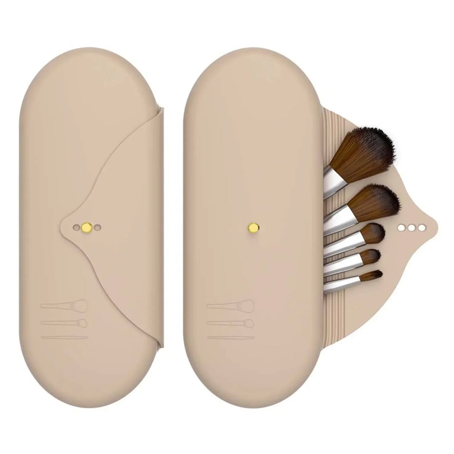 Khaki silicone makeup brush holder travel cosmetic bag closed, shown on a clean white background. 